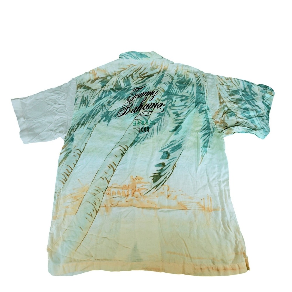Tommy Bahama Hawaii Button Up‎ Shirt sz L Men Linen Green Orange Beach Palms AOP